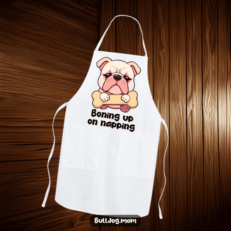 Funny Kawaii Bulldog apron with droopy eyes, blissfully cuddling a plush bone, ideal for kitchen fun and protection.
