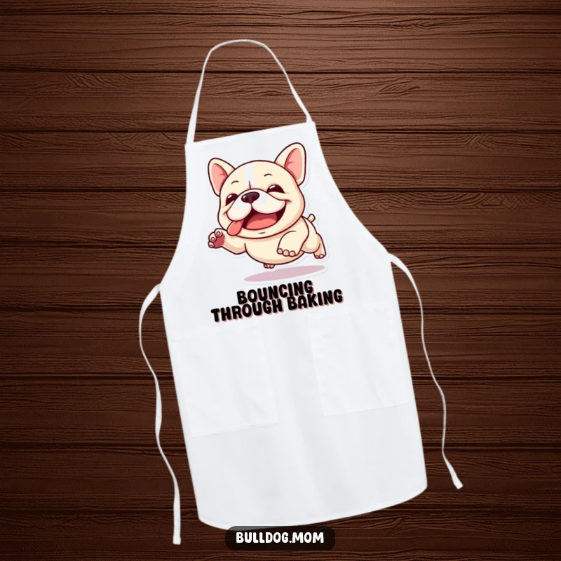 Funny Kawaii Bulldog Apron: A cute bulldog mid-clumsy leap, perfect for kitchen tasks with a humorous, energetic touch.