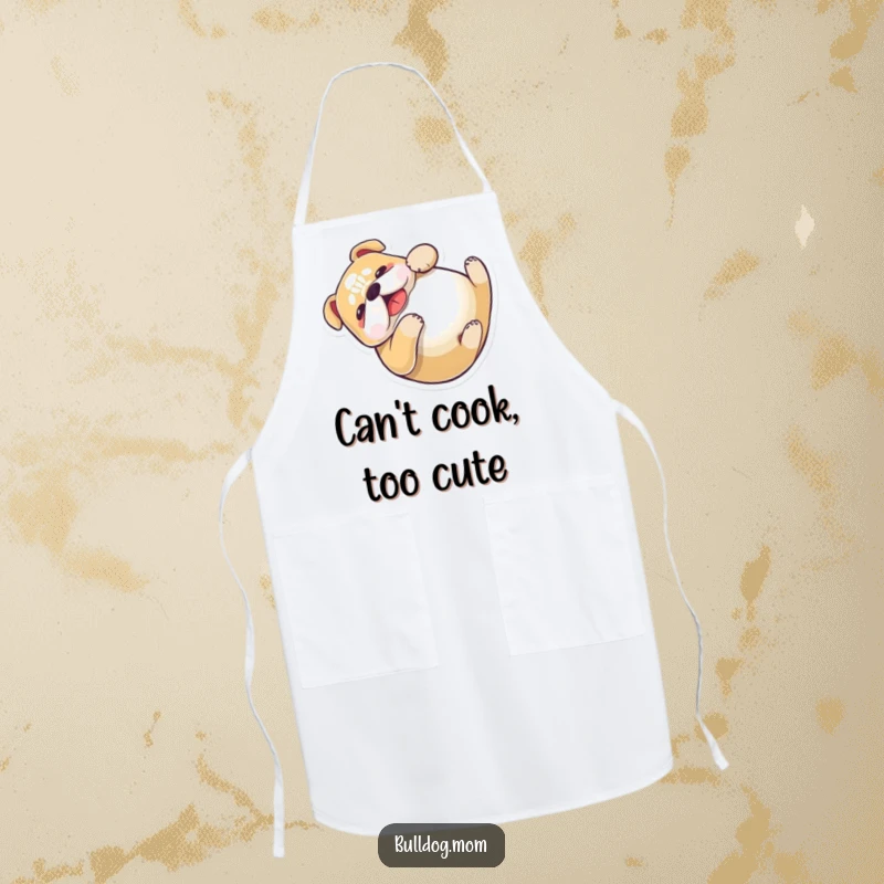 Funny Kawaii Bulldog Apron showcasing a playful dog rolling, ready to add humor to any kitchen or cooking activity.