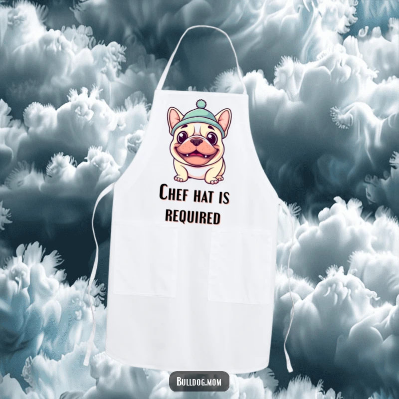 Funny Kawaii Bulldog Apron depicting a grinning dog in a hat, adding humor and style to kitchen activities.