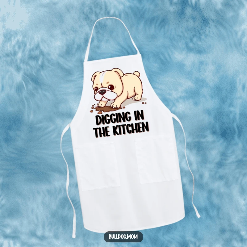 Funny Kawaii Bulldog Apron: A kitchen apron showcasing a cute bulldog actively digging in the garden.