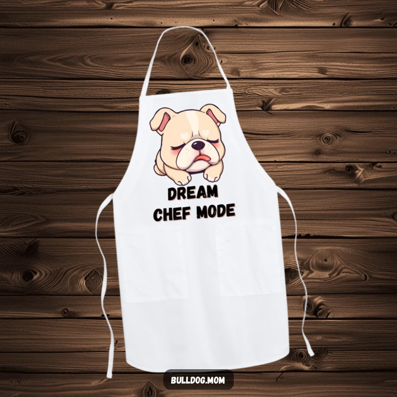 Funny Apron depicting a adorably sleepy Kawaii bulldog with its tongue out, ready to add humorous charm to culinary adventures.