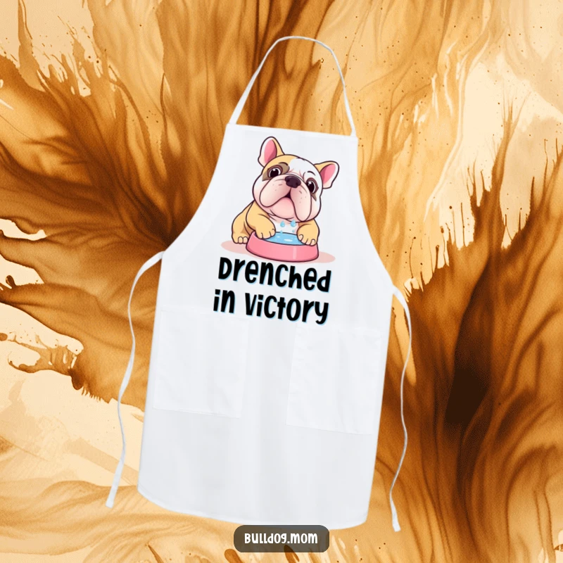 Funny Kawaii bulldog apron showing a cute dog enthusiastically drinking water, ideal for kitchen humor and protection.