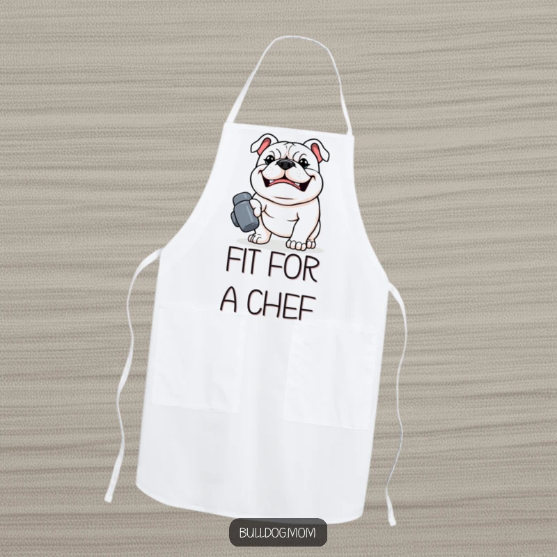 Funny Kawaii Bulldog Apron, a strong dog with a determined grin carrying a tiny dumbbell, a humorous and practical kitchen accessory.