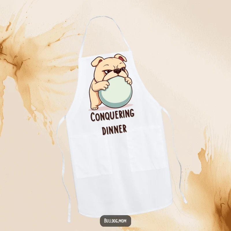 Funny apron showcasing a determined bulldog pushing a large ball, adding a humorous, powerful touch to cooking.