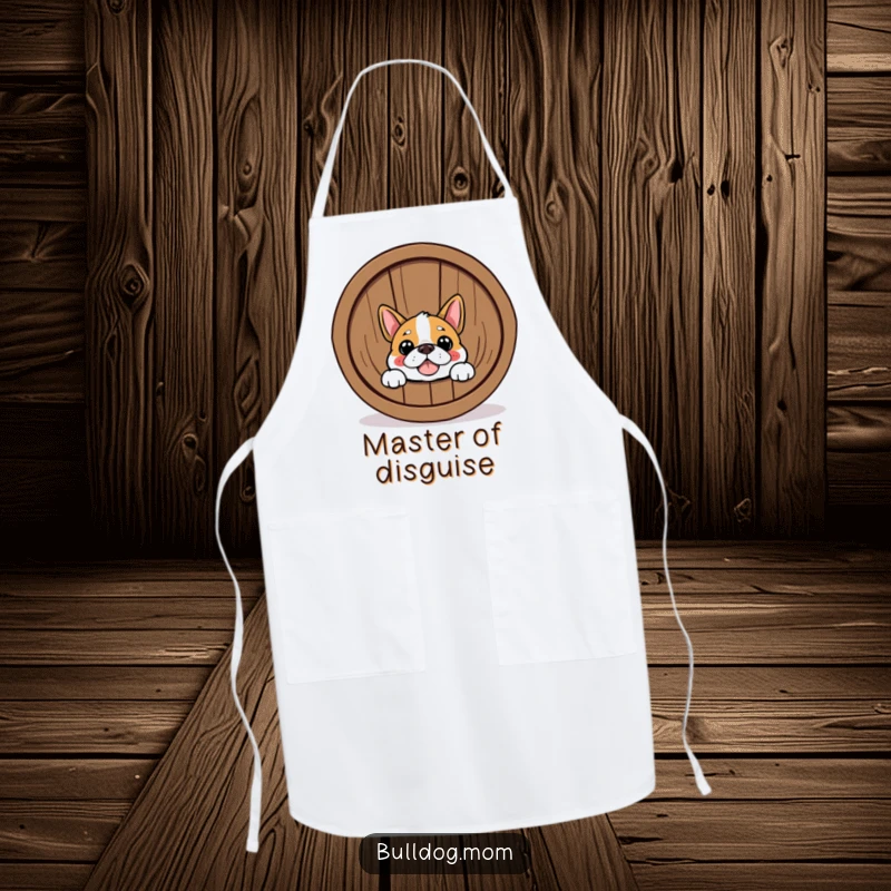 Funny Bulldog apron with a happy dog peeking from behind a barrel. Ideal for kitchen humor and a funny gift.