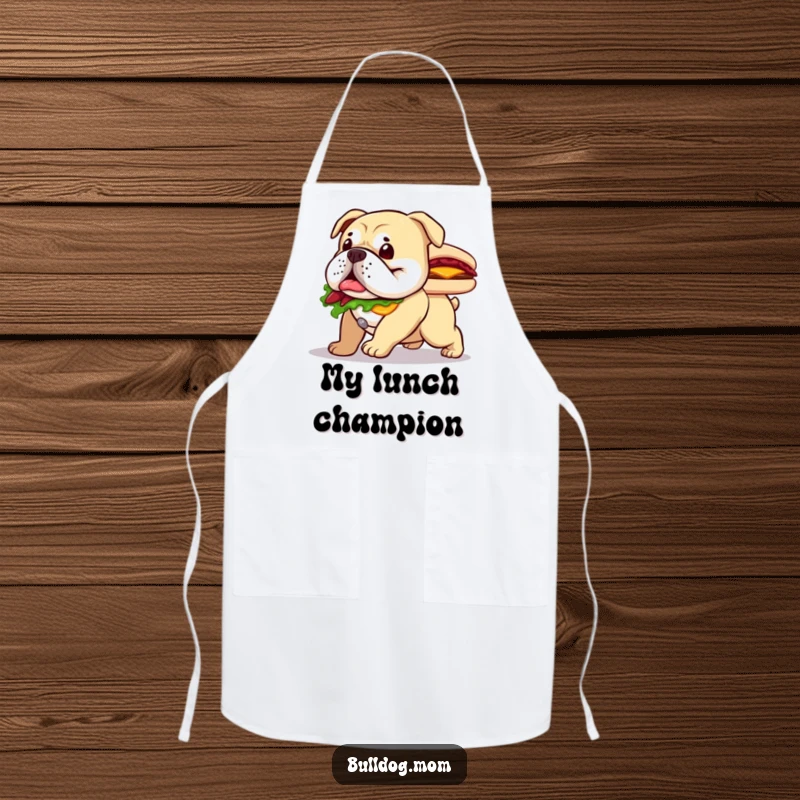 Funny apron showcasing a happy bulldog waddling with a sizable sandwich, perfect for kitchen adventures.