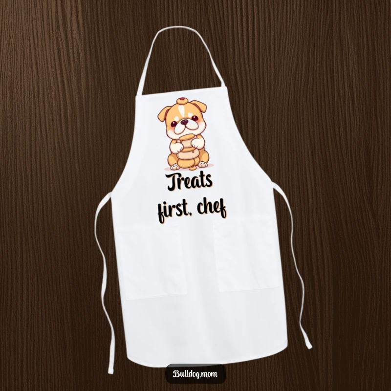 Funny bulldog cub apron design: a cute puppy carefully balancing a pile of small treats, ready to help in the kitchen with a smile.