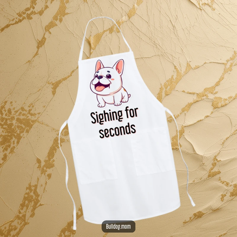 Funny Content Bulldog Apron: A happy bulldog looks upwards with a contented sigh, bringing humor and peace to kitchen tasks.