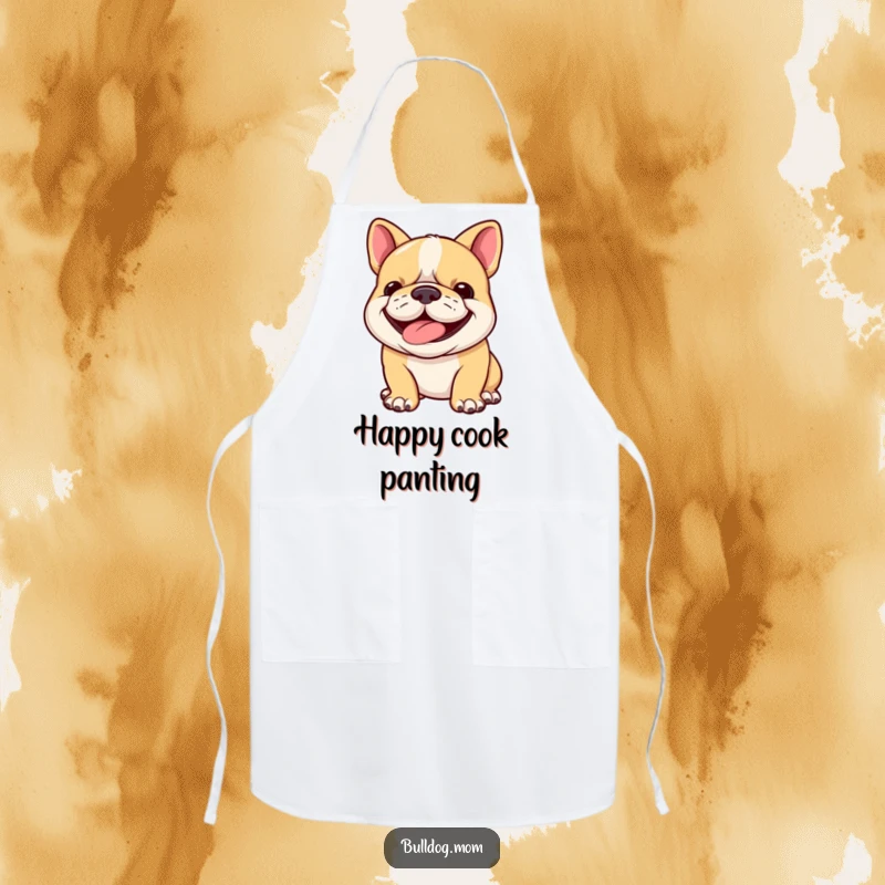 Funny bulldog cub apron design: a happy puppy panting with a determined grin, ready to assist in the kitchen with a smile.