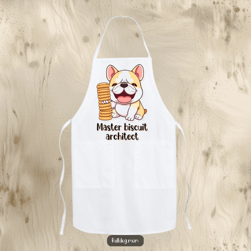Funny Kawaii Bulldog apron, featuring a dog in mid-snort laugh, attempting to balance a stack of biscuits, a humorous and practical kitchen accessory.