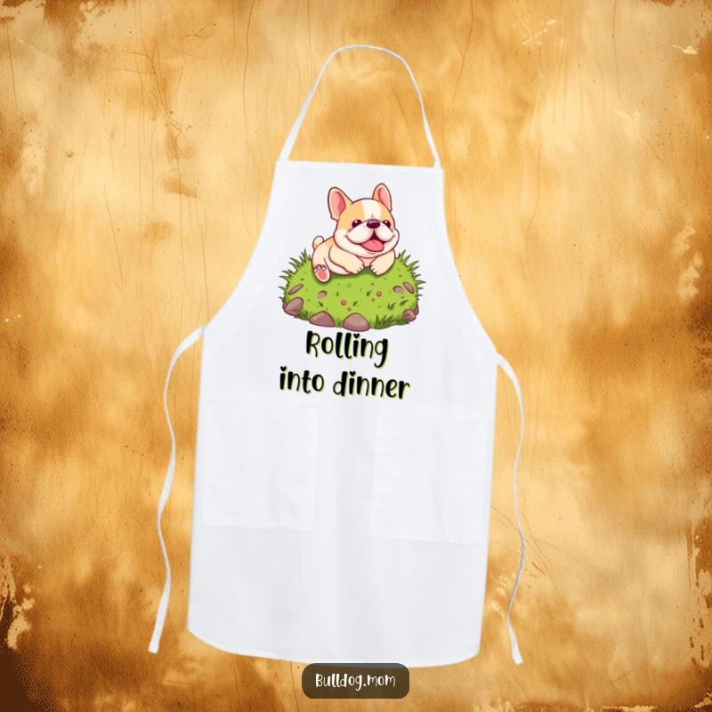 Funny Kawaii Bulldog Apron: A cheerful cartoon bulldog playfully tumbles down a grassy hill, adding humor to kitchen tasks.