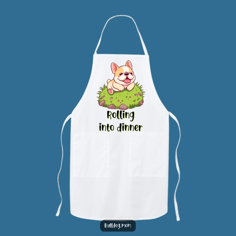 Funny Kawaii Bulldog Apron: Chef-worthy protection with a pup hilariously rolling down a hill, a delightful funny gift for cooks.