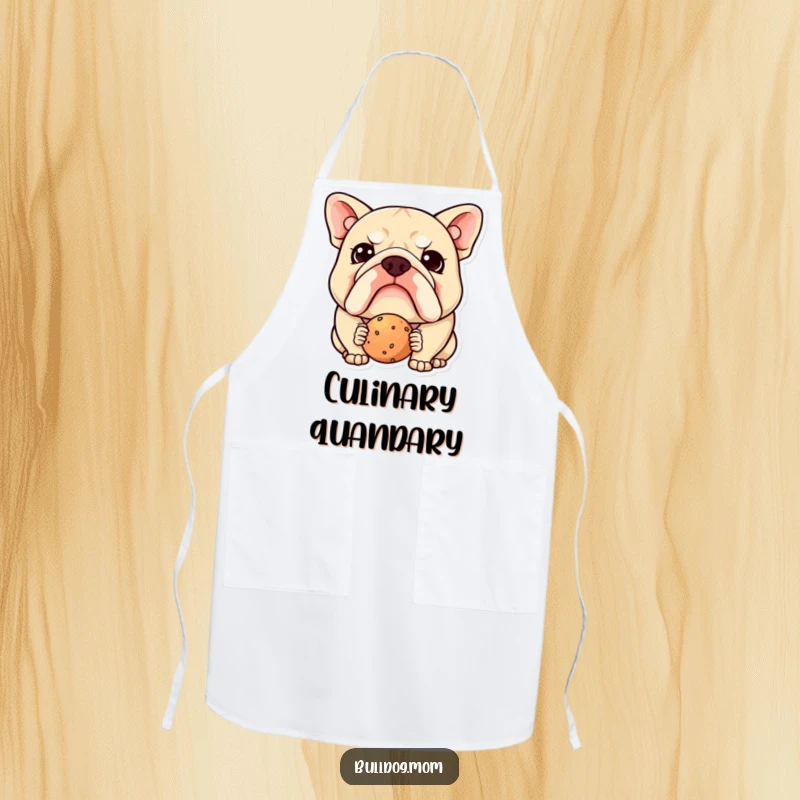 Funny Kawaii Bulldog Apron: Cute dog chef's apron, featuring a confused pup's face, perfect for funny kitchen moments.