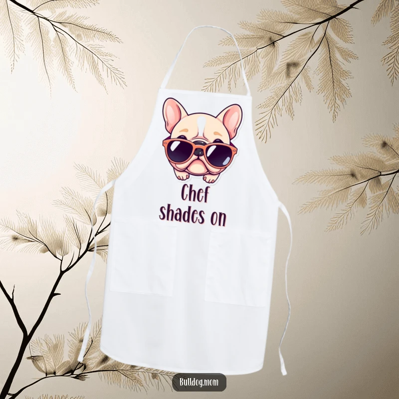 Funny Kawaii Bulldog Apron: Cute dog chef's apron, featuring a pup wearing sunglasses too big, perfect for funny kitchen moments.