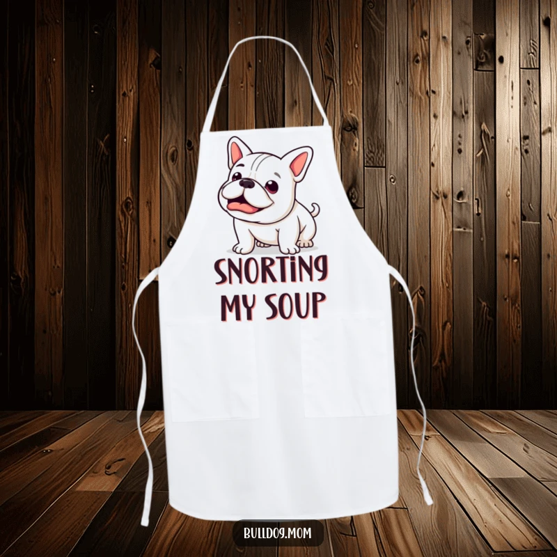 Funny Kawaii Bulldog Apron: A cute bulldog mid-happy snort, stubby tail wagging, perfect for kitchen endeavors with a humorous touch.