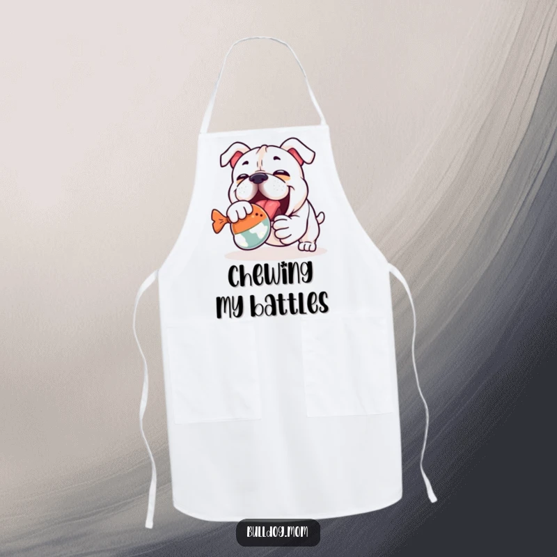 Funny Kawaii Bulldog Apron: A cute bulldog enthusiastically wrestling a squeaky toy, ideal for kitchen duties and adding humor.