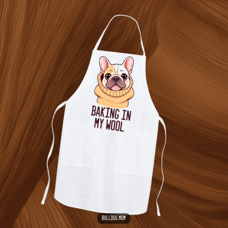 Funny Kawaii Bulldog Apron: A cute bulldog peeking from an oversized sweater, perfect for kitchen tasks with a humorous, cozy touch.