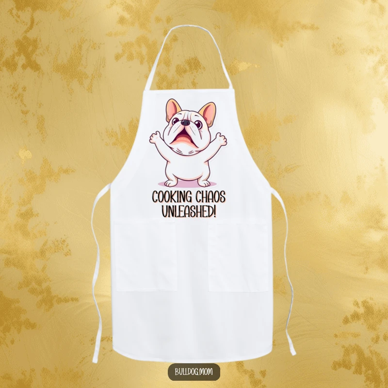 Funny Kawaii Bulldog Apron: A kitchen apron adorned with a startled bulldog, ready for cooking adventures.