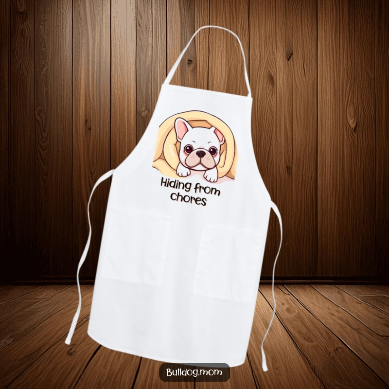 Funny Kawaii Bulldog Apron depicting a cute bulldog peeking from under a blanket, adding a cozy touch to cooking.