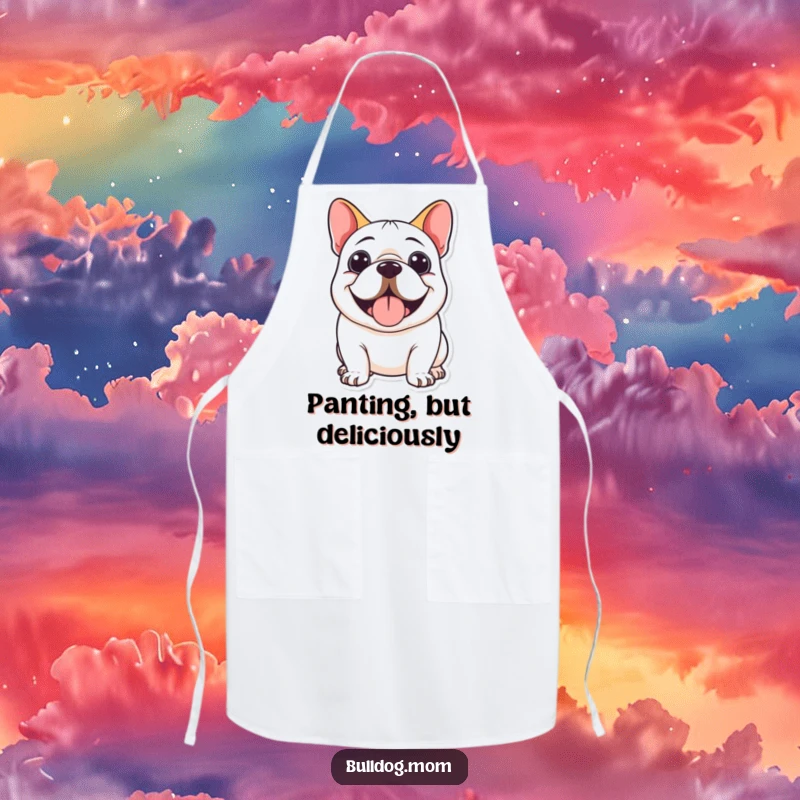 Funny Kawaii Bulldog Apron depicting a cute bulldog happily panting with a wide, cheerful smile.