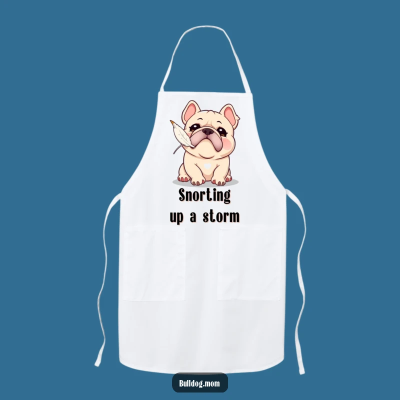 Funny Kawaii Bulldog Snorting Feather Chase Apron - Playful Puppy Chef