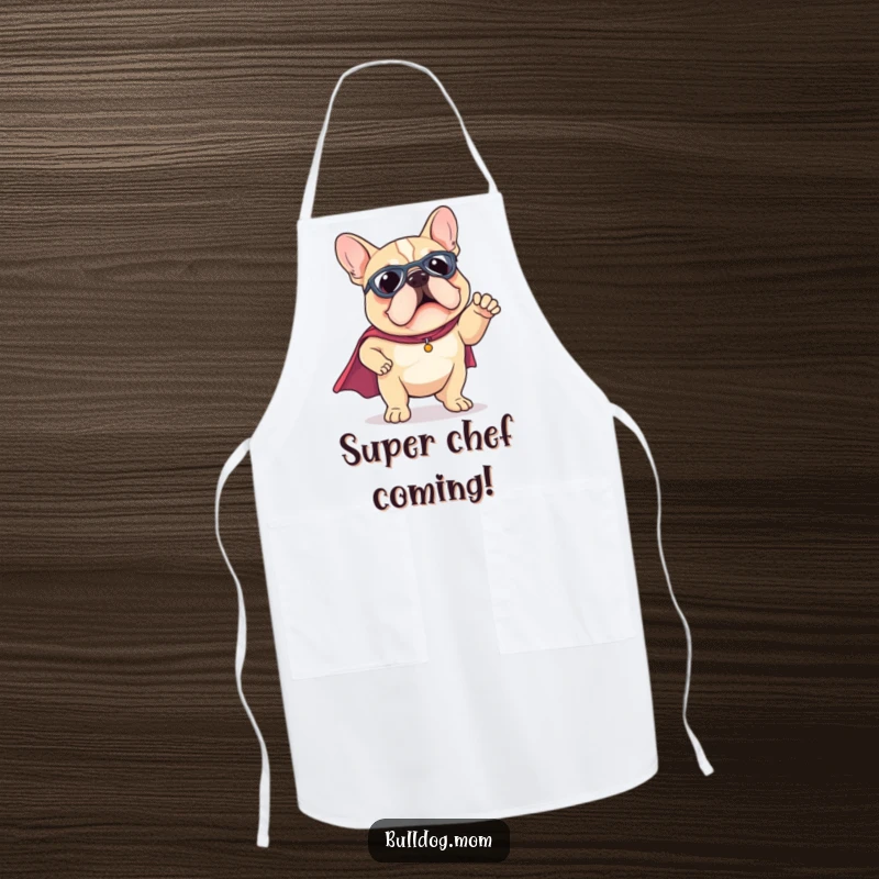 Funny Kawaii Bulldog apron wearing a tiny superhero cape, striking a funny pose, ideal for kitchen bravery and protection.