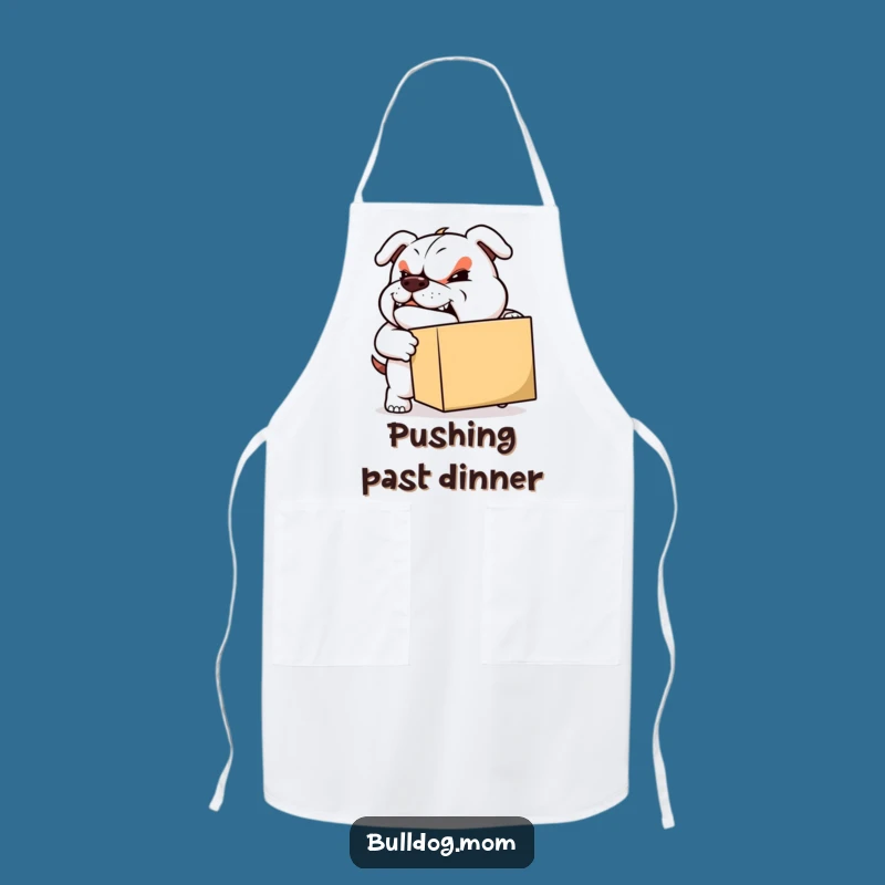 Funny Moving Bulldog Apron: Durable apron with a determined pup pushing a box, a great funny gift for movers.