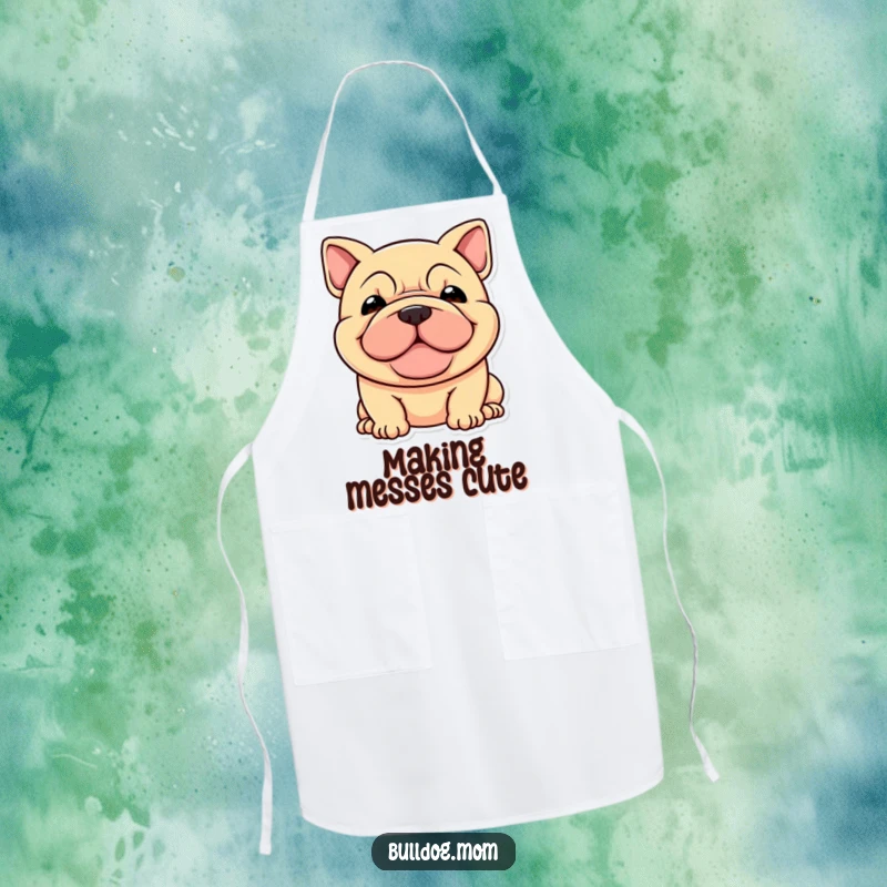Funny apron featuring a stocky dog's cheerful, wrinkled face, adding a dose of humor to any culinary creation.