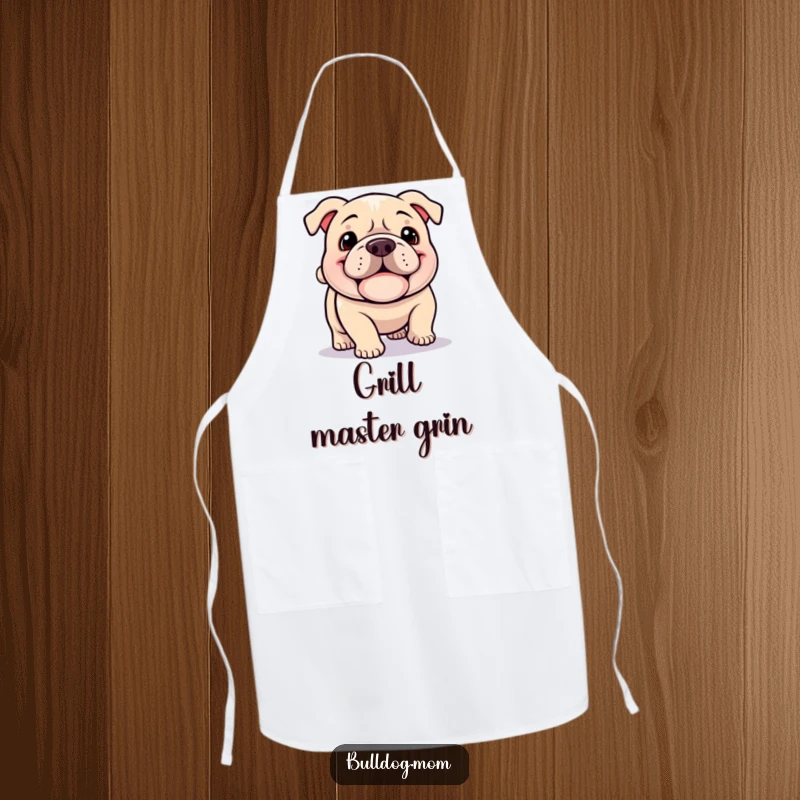 Funny Kawaii Bulldog apron, a happy dog with a jowly grin happily plodding with a wagging tail, perfect for kitchen fun.
