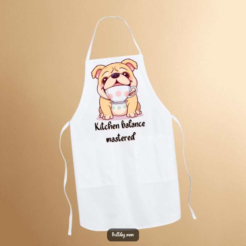 Funny apron showcasing a happy bulldog balancing a teacup on its nose, perfect for elegant kitchen duties.