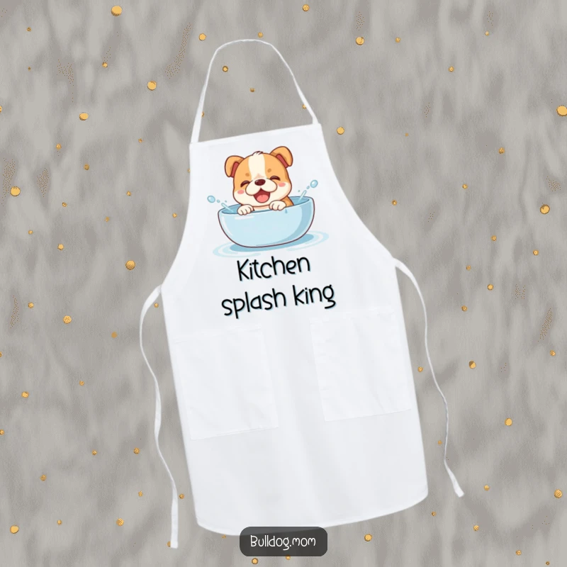 Funny bulldog cub apron design: a happy puppy giggling while splashing in a water bowl, ready to add fun to meal prep.