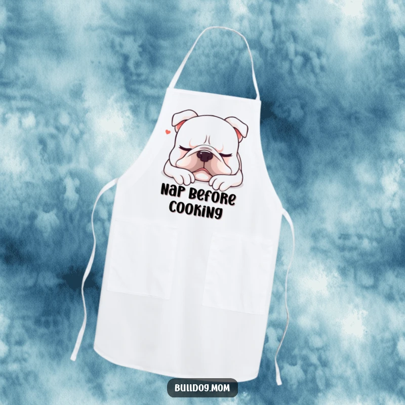 Funny Kawaii bulldog apron depicting a content dog sighing as it settles down for a nap, perfect for kitchen relaxation.