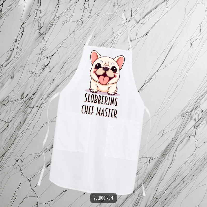 Funny Kawaii Bulldog apron showing a dog panting enthusiastically with its tongue lolling out, perfect for kitchen tasks with humor.