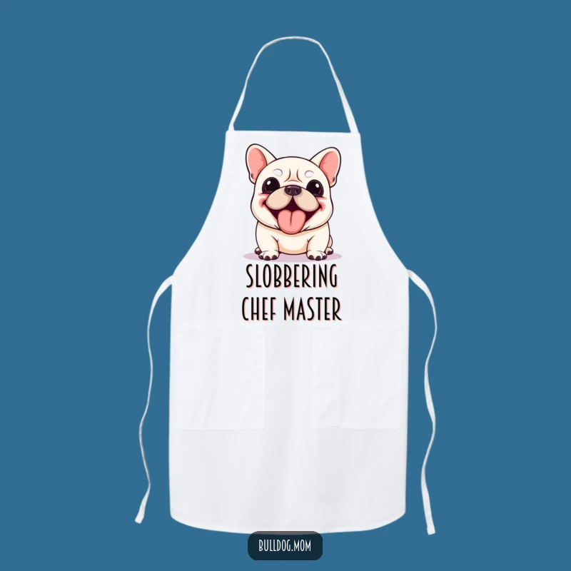 Funny Kawaii Bulldog Apron: Enthusiastic Panting, Tongue Out, Comedic Kitchen