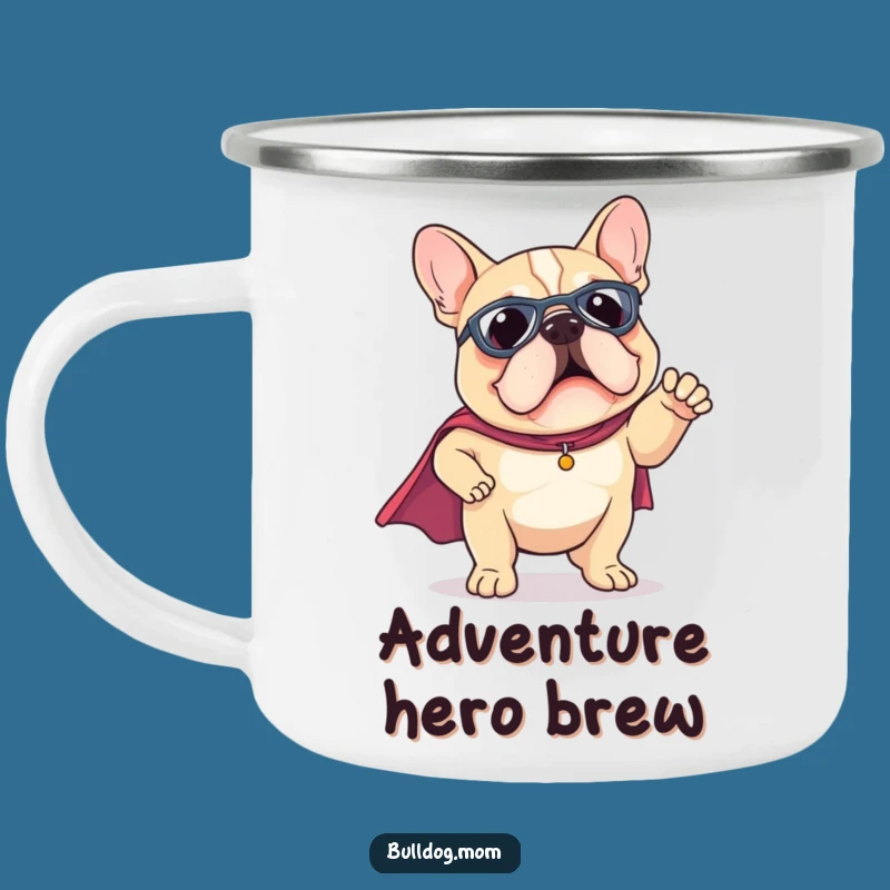 Funny Kawaii Bulldog Superhero Cape Camping Mug - Heroic Puppy Adventure