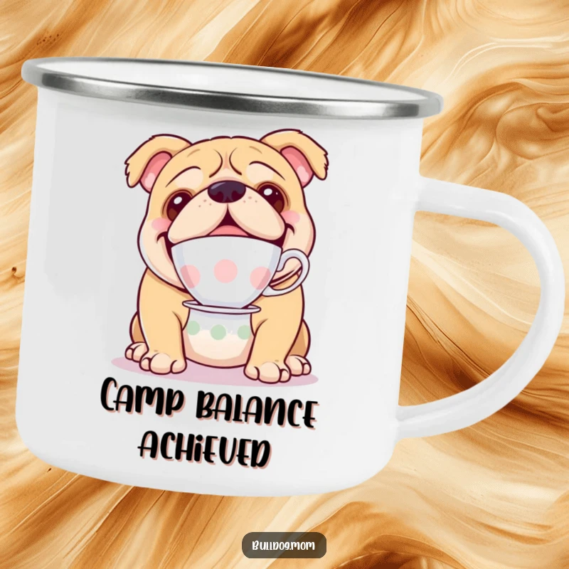 Funny camping mug with a happy bulldog balancing a teacup on its nose, bringing elegance to the great outdoors.