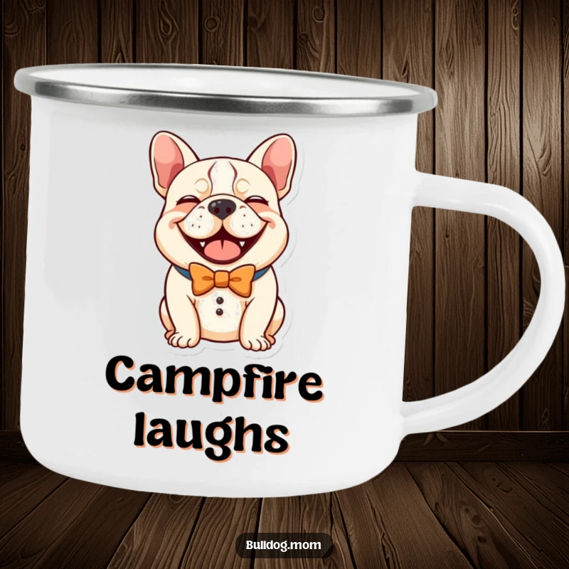 Funny Kawaii Bulldog Camping Mug, a cute dog in a comical bow tie giving a hearty laugh, a humorous and durable outdoor mug.