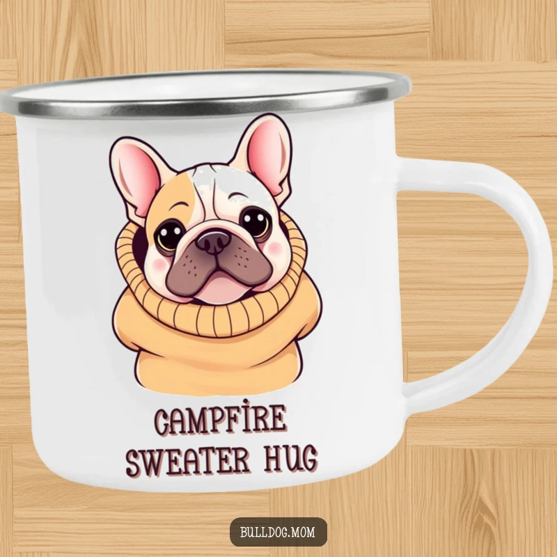Funny Kawaii Bulldog Camping Mug: A cute bulldog peeking from an oversized sweater, ready for outdoor adventures and warm beverages.