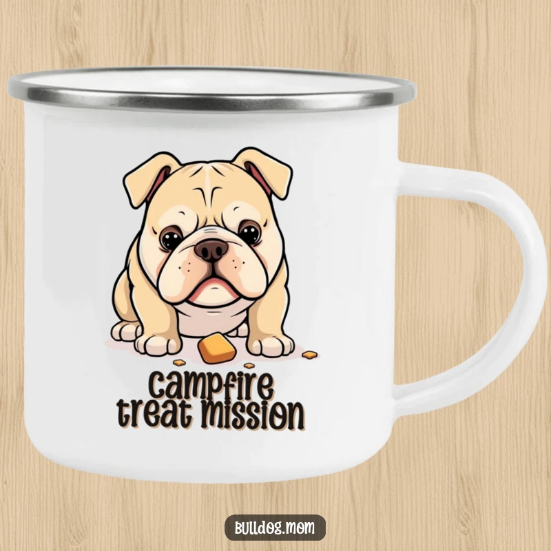 Funny camping mug featuring a bulldog with an intense gaze at a dropped treat, perfect for humorous outdoor enjoyment.