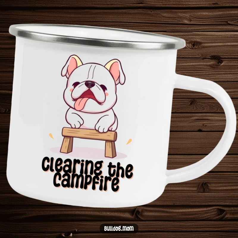 Funny Kawaii bulldog camping mug with a cute dog attempting a clumsy jump, perfect for outdoor adventures.
