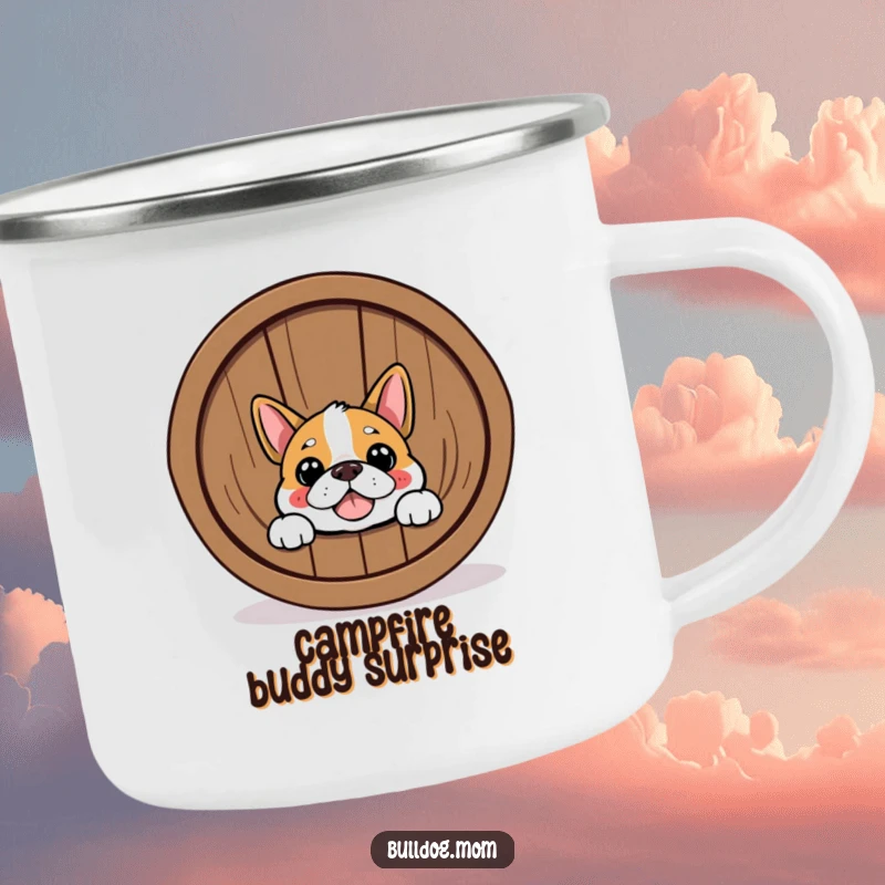 Funny Bulldog camping mug with a happy dog peeking from behind a barrel. Ideal for outdoor humor and a funny gift.