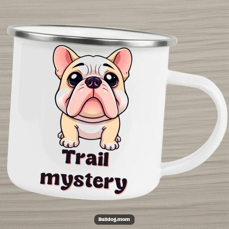 Funny camping mug featuring a bulldog with a curious head tilt, ready for outdoor adventures and humorous musings.