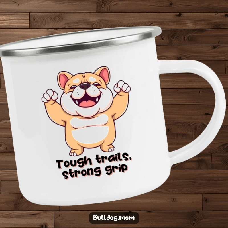Funny Bulldog flex camping mug featuring a sturdy, smiling Bulldog enthusiastically flexing its arms, ready for any outdoor challenge.