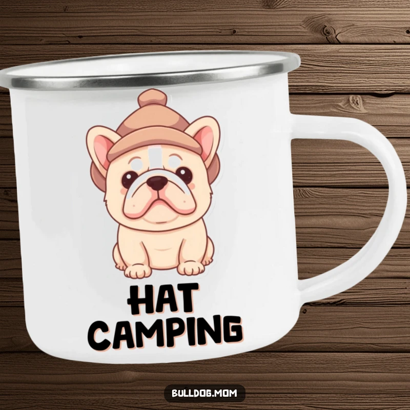 Funny Bulldog pup camping mug featuring a cute puppy peeking out from under a small hat, perfect for outdoor enthusiasts.