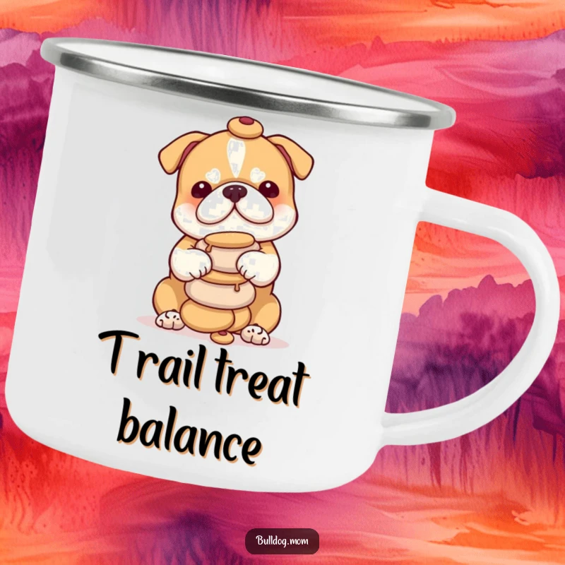 Funny bulldog cub camping mug depicting a cute puppy focused on balancing a stack of treats, ready for any outdoor escapade with a grin.
