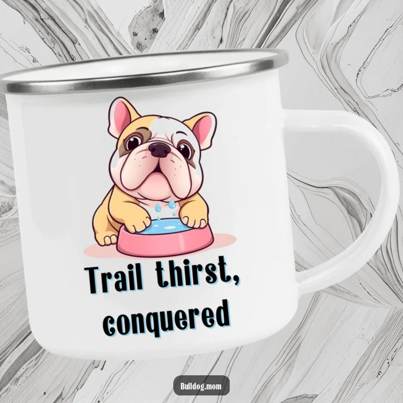 Funny Kawaii bulldog camping mug with a cute dog enthusiastically drinking water, perfect for outdoor adventures.