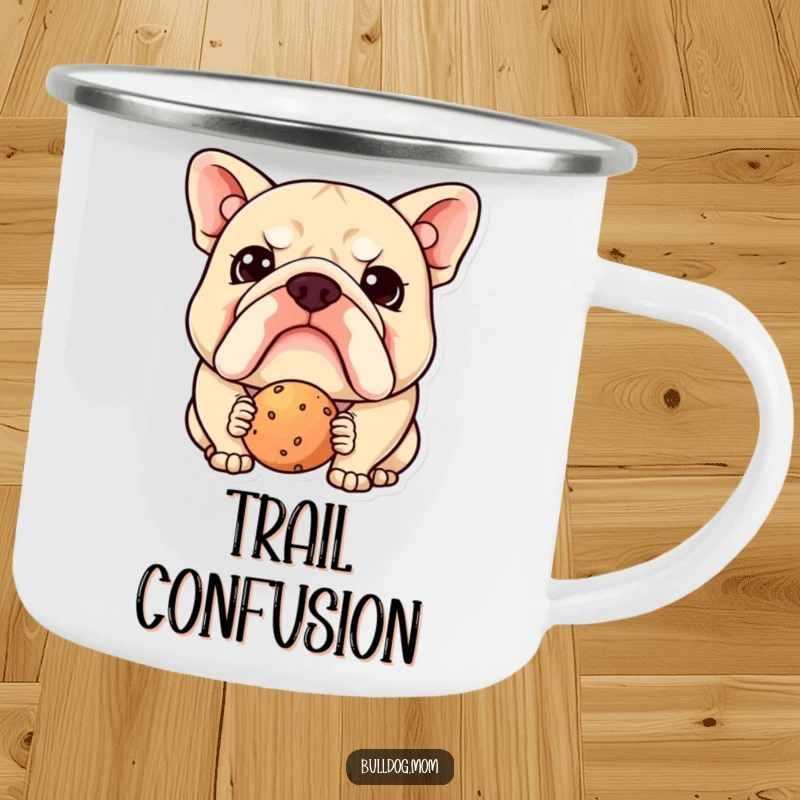 Funny Kawaii Bulldog Camping Mug: Durable enamel mug with a cute, confused pup staring at a treat, ideal funny outdoor gift.