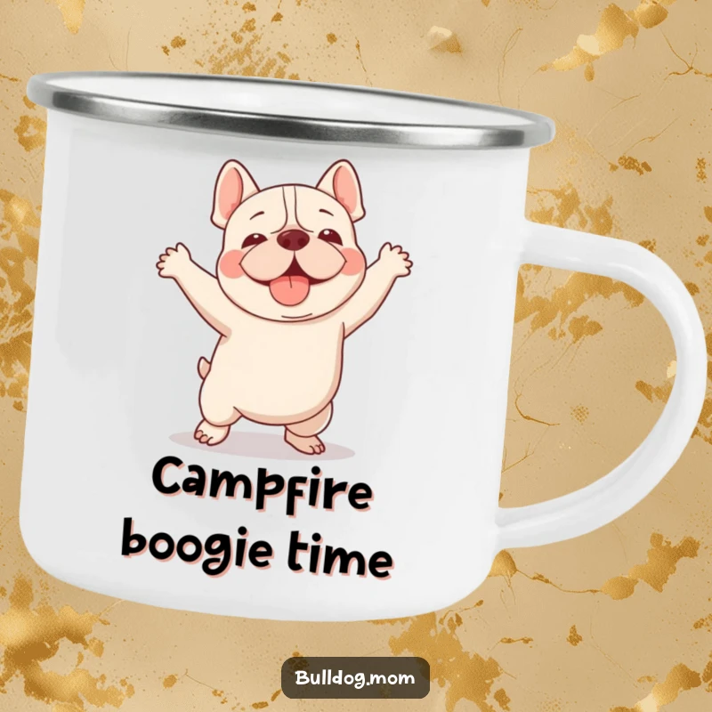 Funny Kawaii Bulldog camping mug showing a dog doing a clumsy but adorable happy dance, perfect for outdoor drinks.
