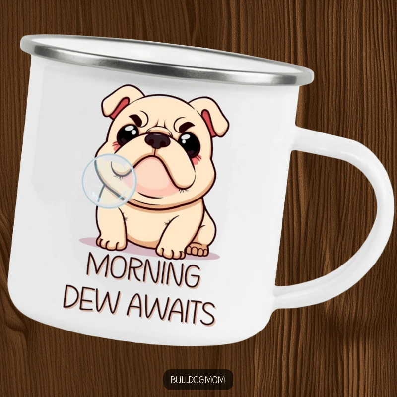 Funny Kawaii Bulldog camping mug, enamel finish, with a joyful, bug-eyed expression, attempting to catch a tiny bubble, designed for outdoor humor.